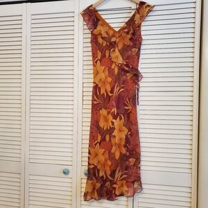 Sangria Y2K Floral Ruffle Dress in Orange and Brown, Size 6